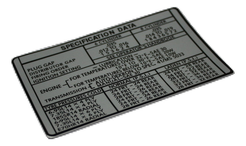 VH Valiant Specification Data Decal - Decals